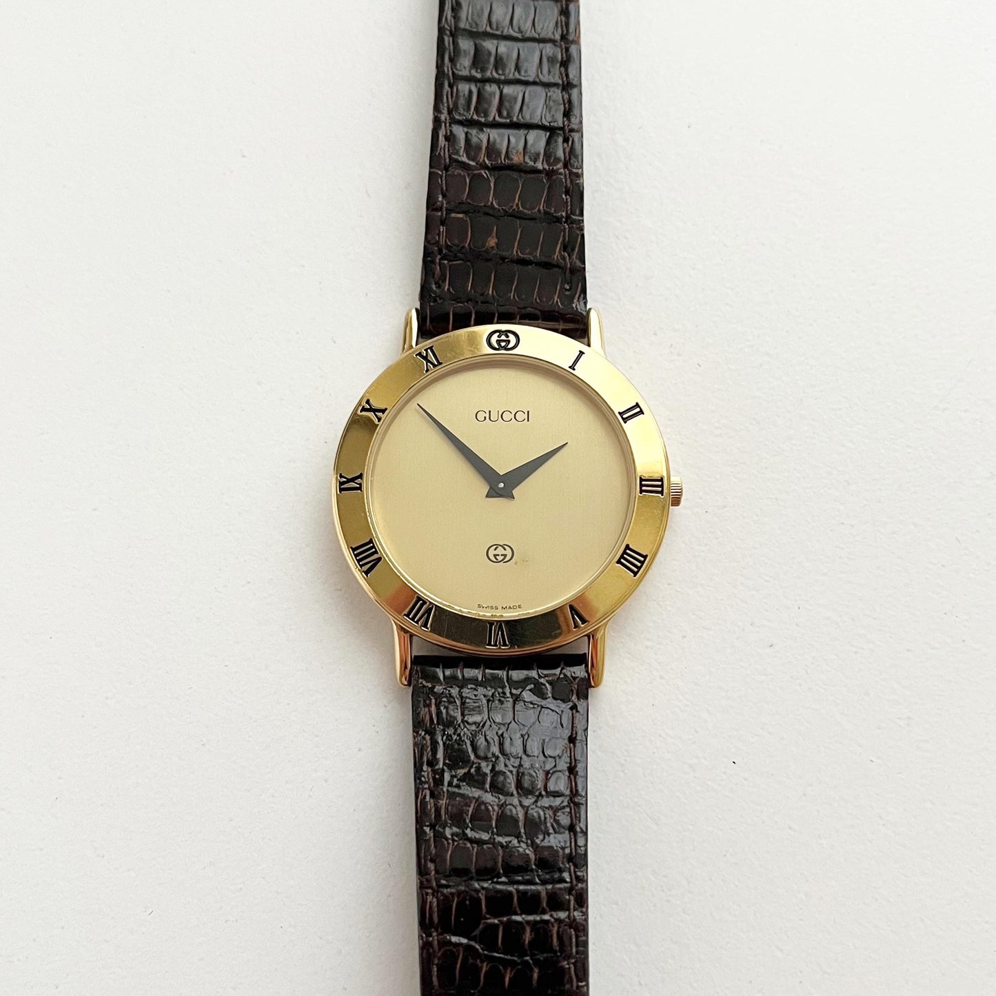 Vintage Gucci Women’s Watch, Gold Dial, Leather Band, Boxed, Gift for Her