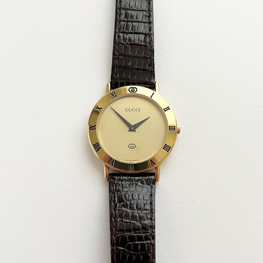 Vintage Gucci Women’s Watch, Gold Dial, Leather Band, Boxed, Gift for Her