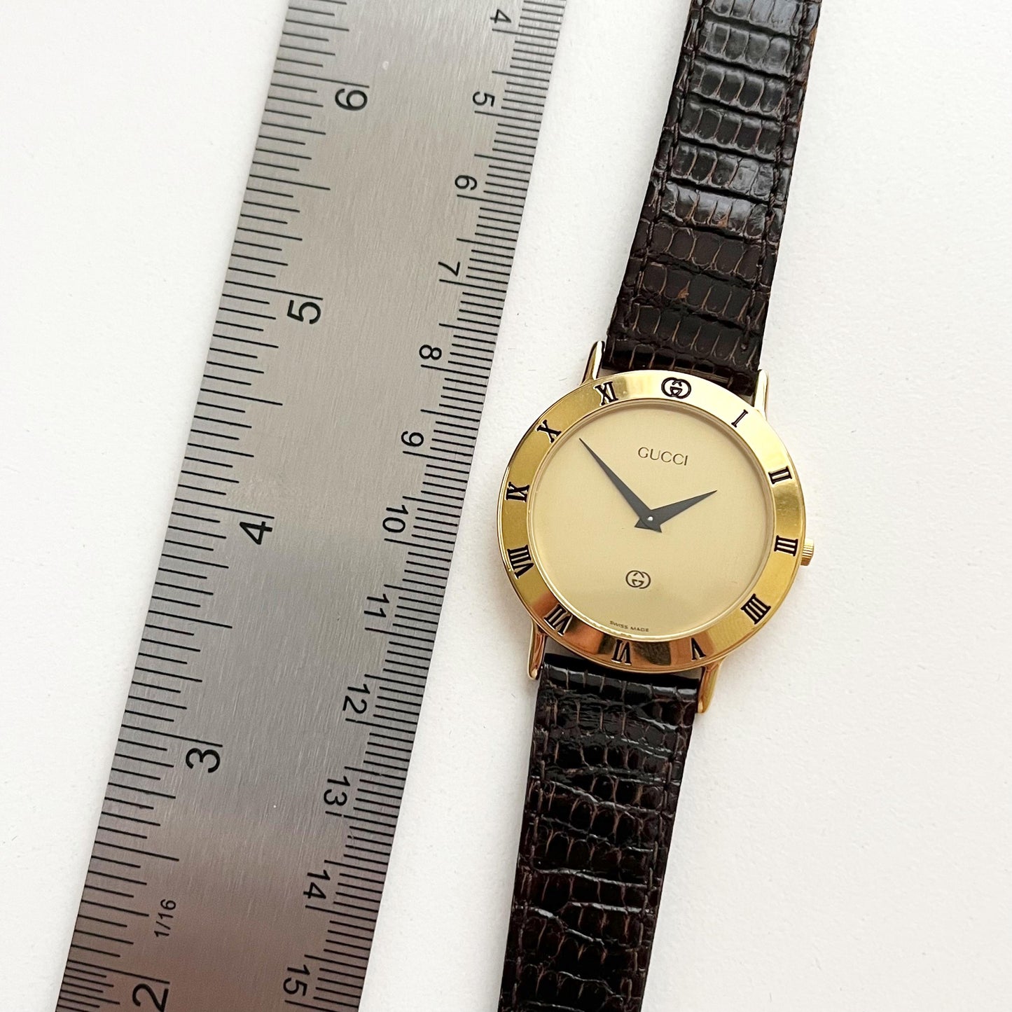 Vintage Gucci Women’s Watch, Gold Dial, Leather Band, Boxed, Gift for Her