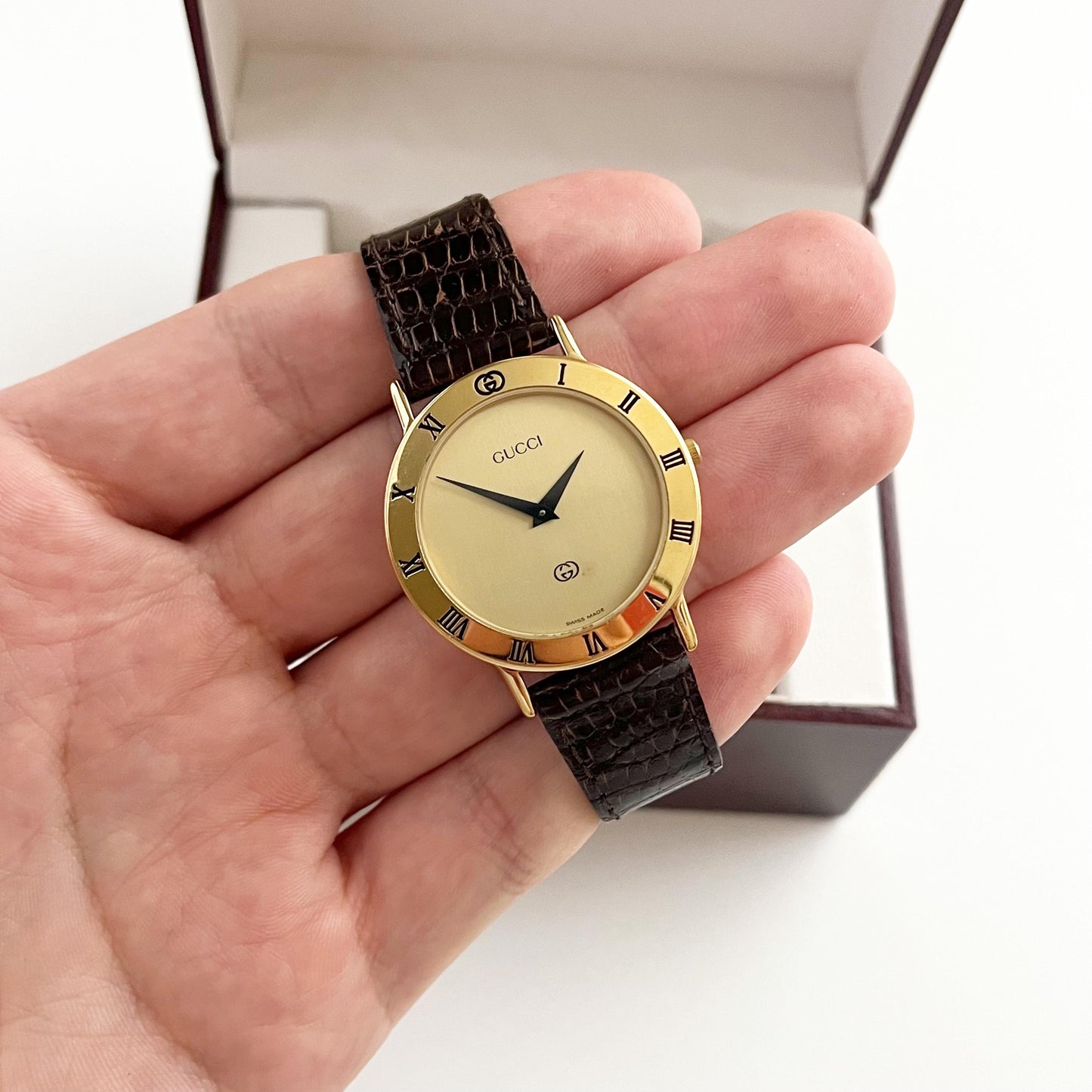 Vintage Gucci Women’s Watch, Gold Dial, Leather Band, Boxed, Gift for Her