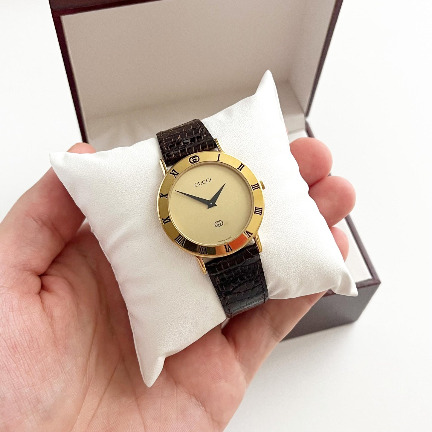 Vintage Gucci Women’s Watch, Gold Dial, Leather Band, Boxed, Gift for Her