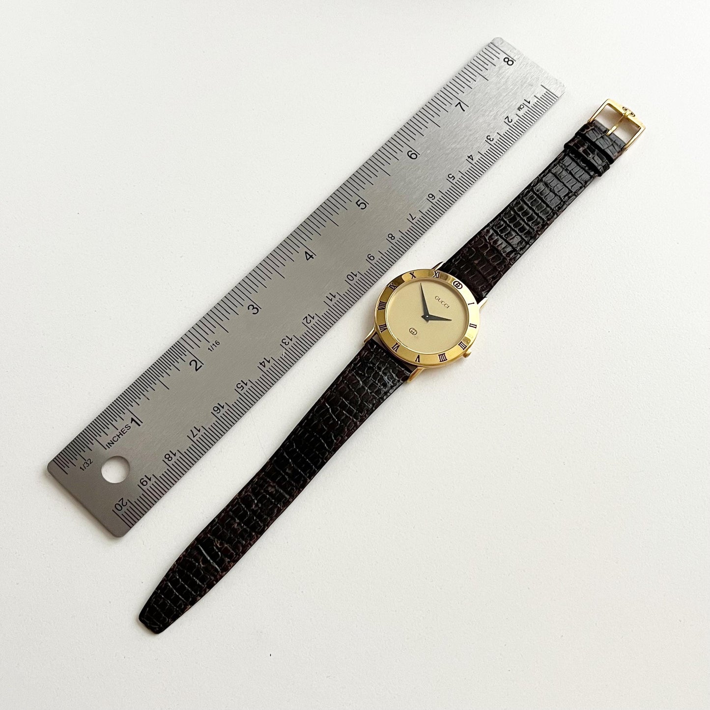Vintage Gucci Women’s Watch, Gold Dial, Leather Band, Boxed, Gift for Her