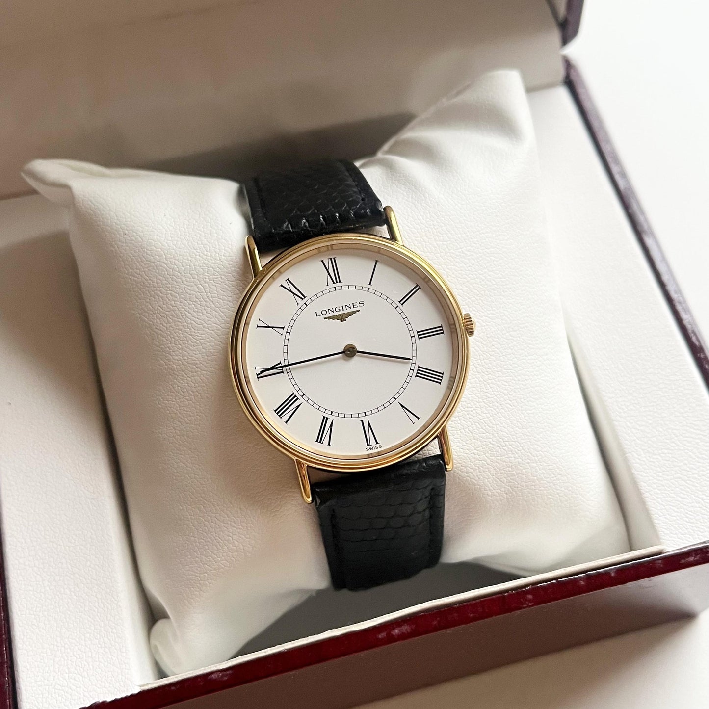 Longines Men’s Classic Watch, Authentic Leather Band, White Face, Quartz Movement