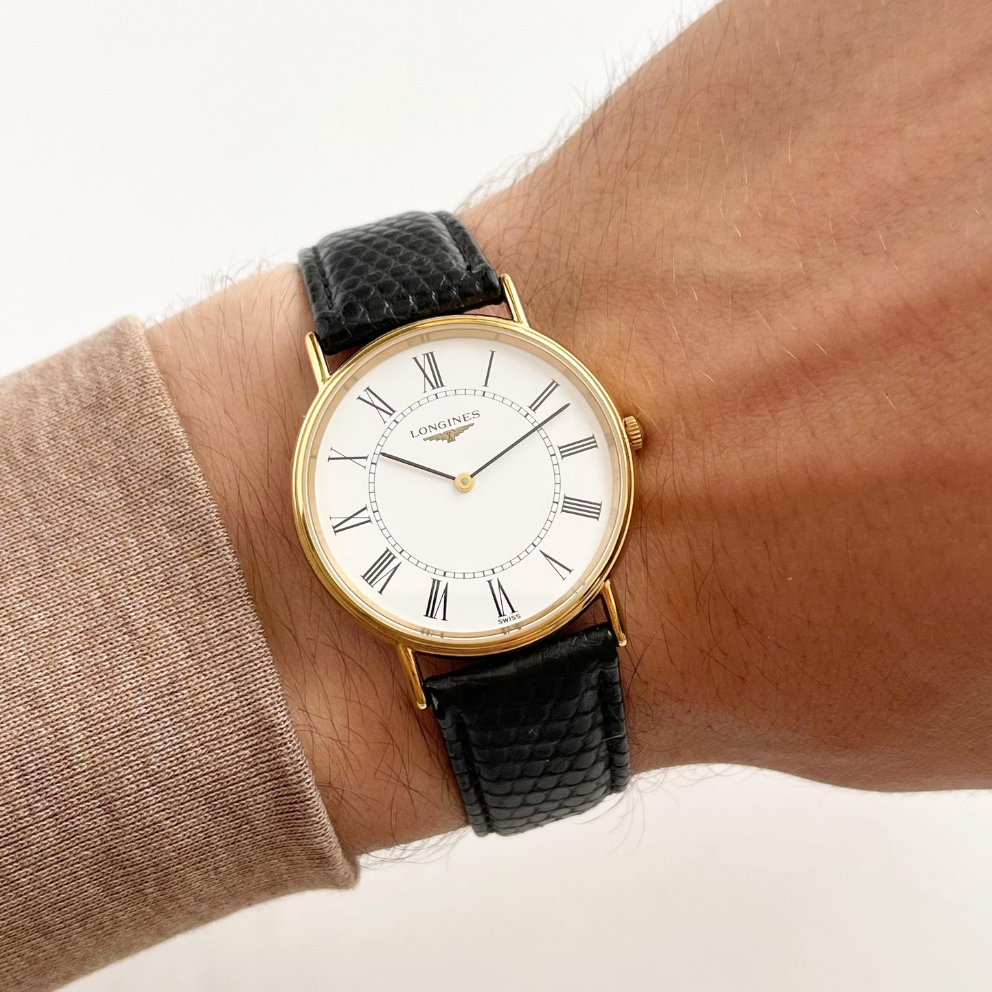 Longines Men’s Classic Watch, Authentic Leather Band, White Face, Quartz Movement