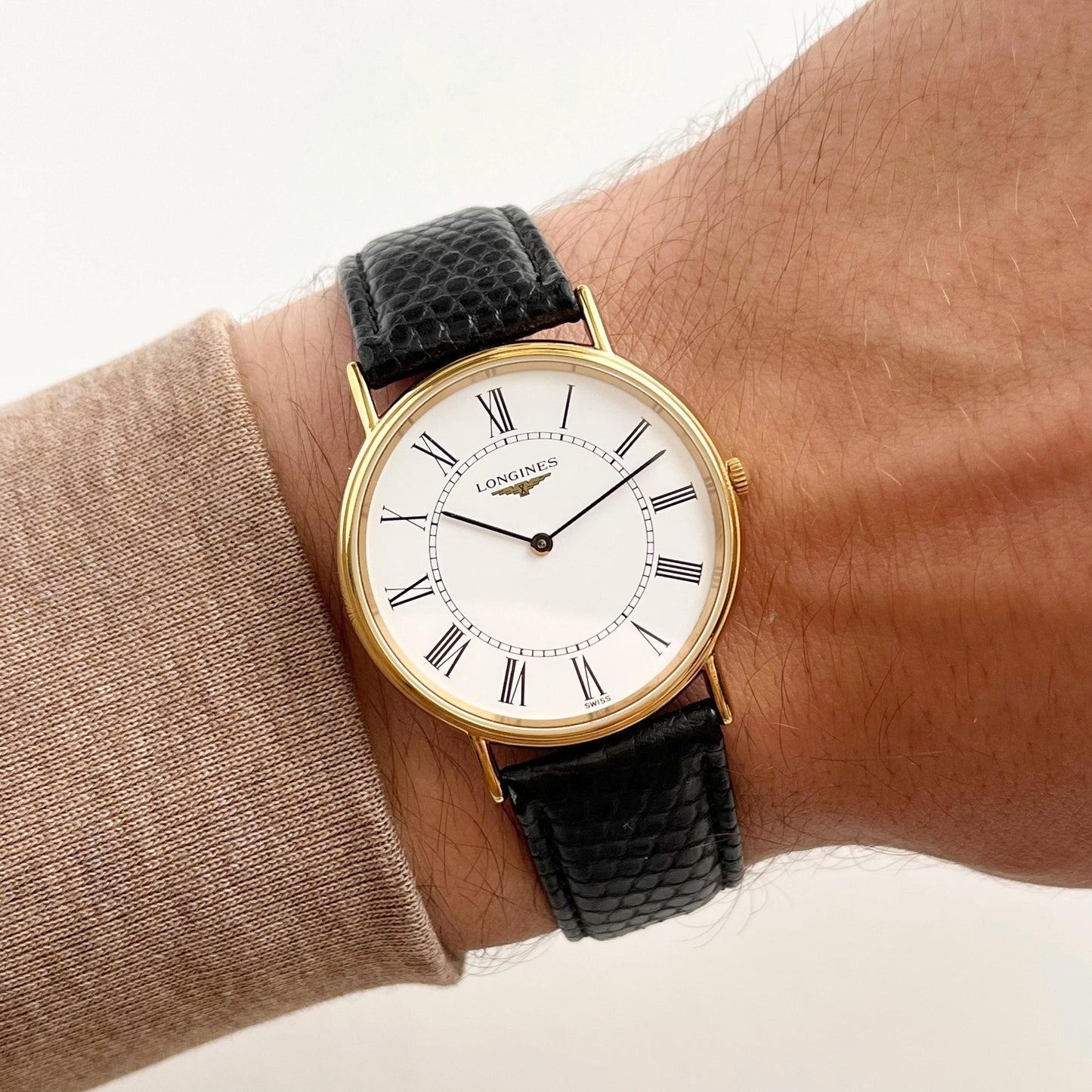 Longines Men’s Classic Watch, Authentic Leather Band, White Face, Quartz Movement