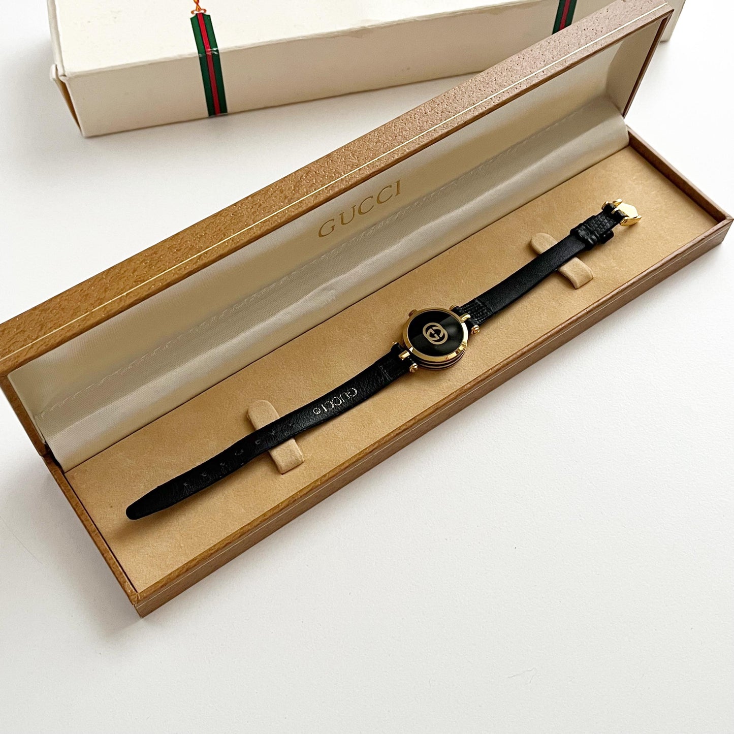 Gucci Vintage Women’s Gold Watch, Black Dial, Balck Band, Gift For Her, Boxed