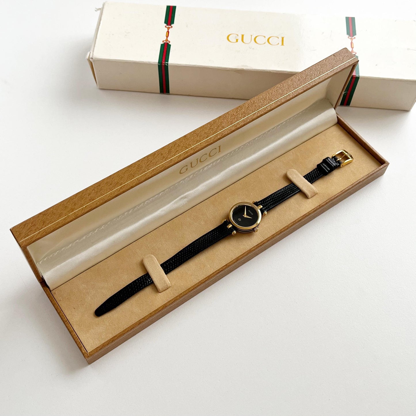 Gucci Vintage Women’s Gold Watch, Black Dial, Balck Band, Gift For Her, Boxed