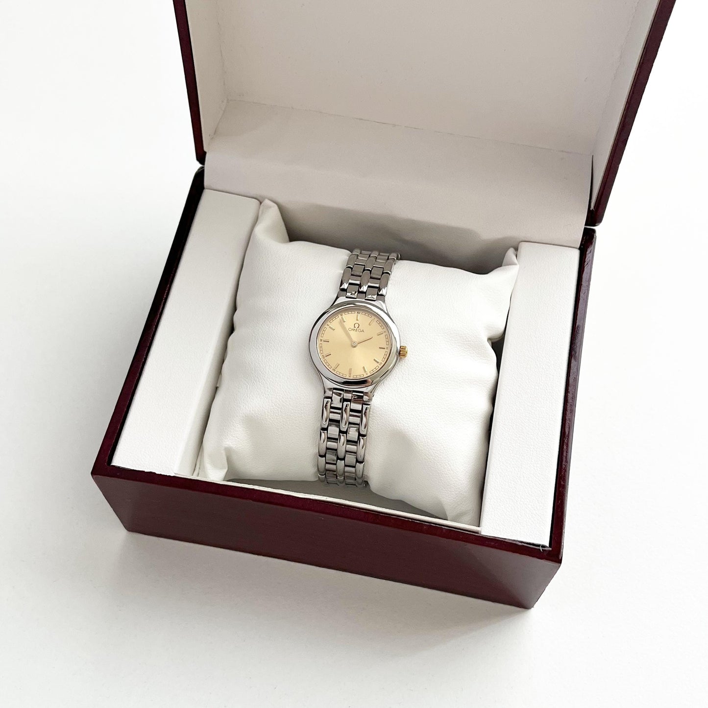 Omega Silver Women’s Vintage Watch, Gold Dial, Boxed, Gift For Her - 18cm