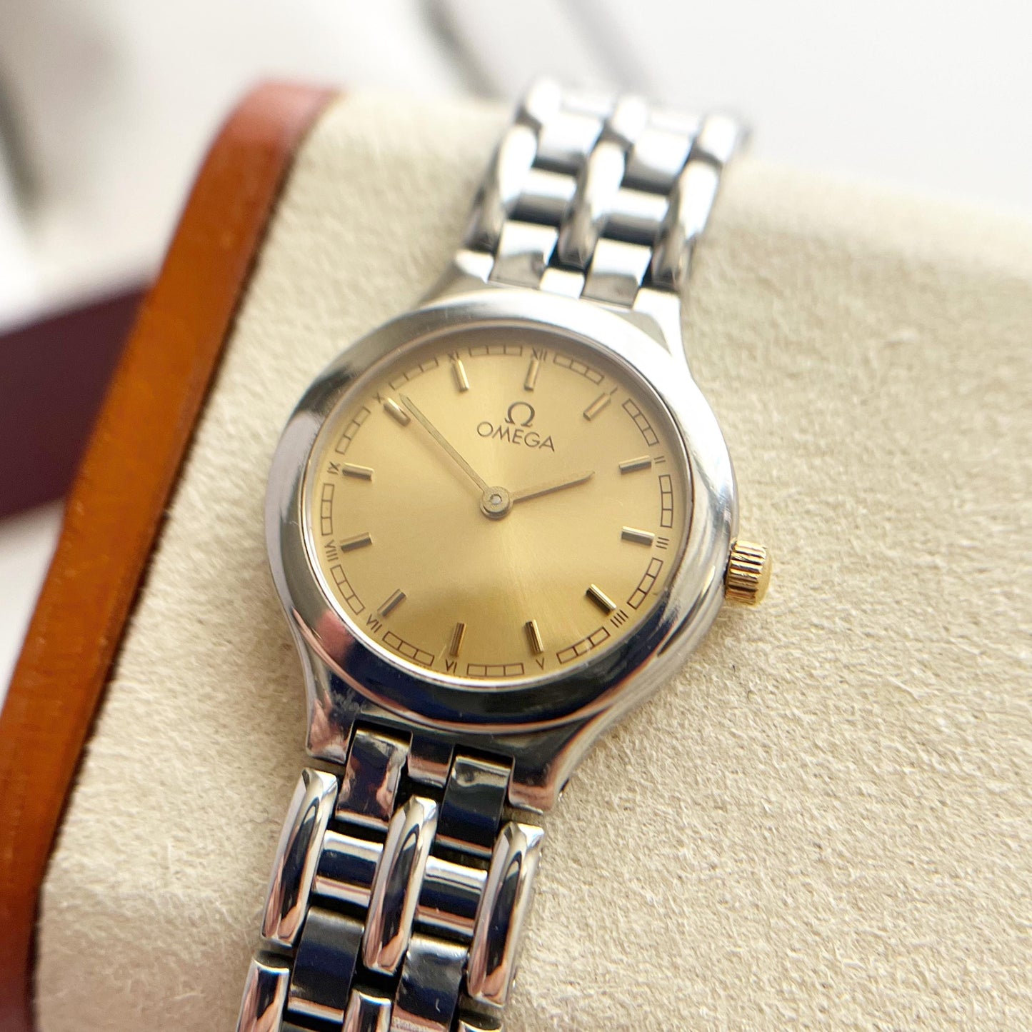 Omega Silver Women’s Vintage Watch, Gold Dial, Boxed, Gift For Her - 18cm