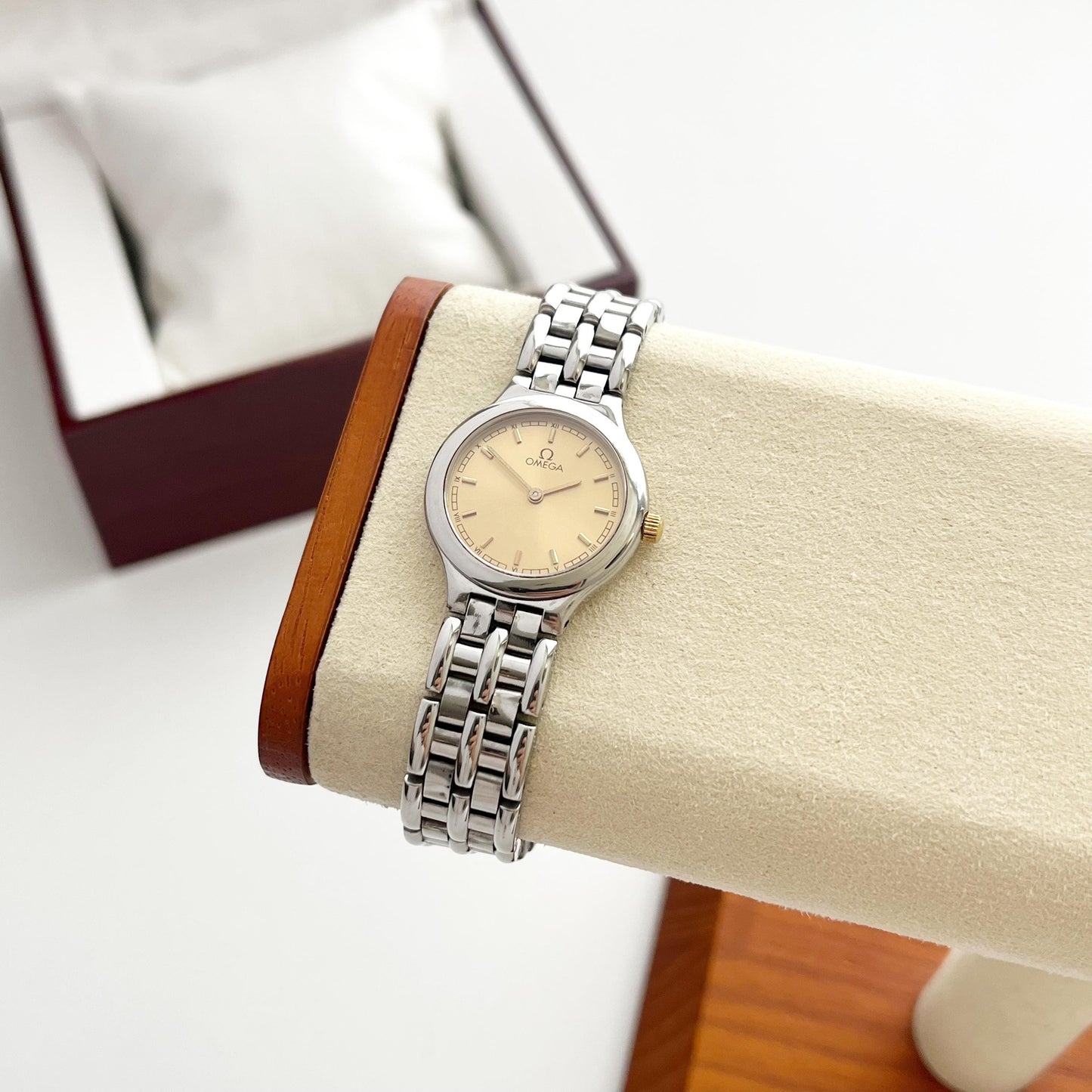Omega Silver Women’s Vintage Watch, Gold Dial, Boxed, Gift For Her - 18cm